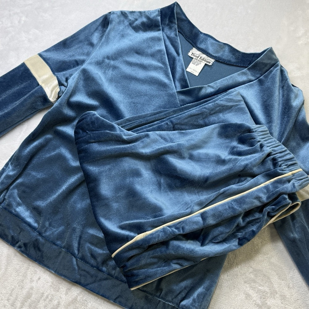 Vintage 70s Velour Tracksuit Set Blue USA Made Womens Large